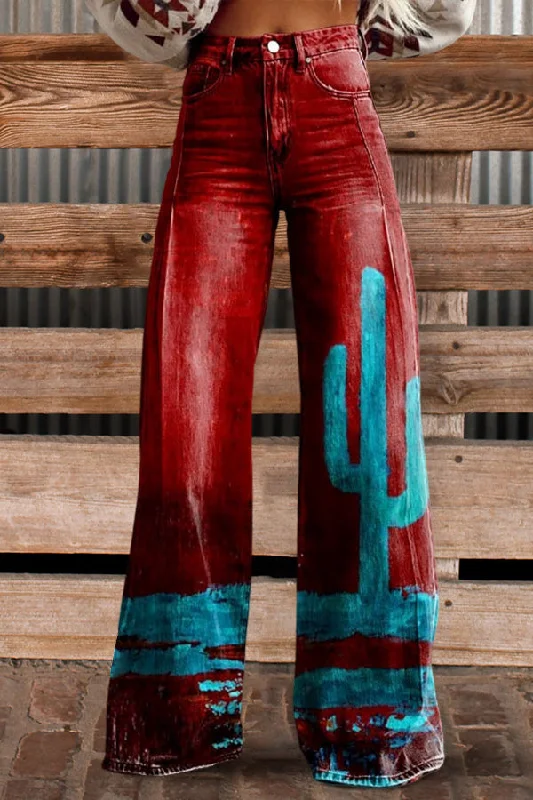 Women's Vintage Print Casual Wide Leg Pants Comfortable Pleated Pants