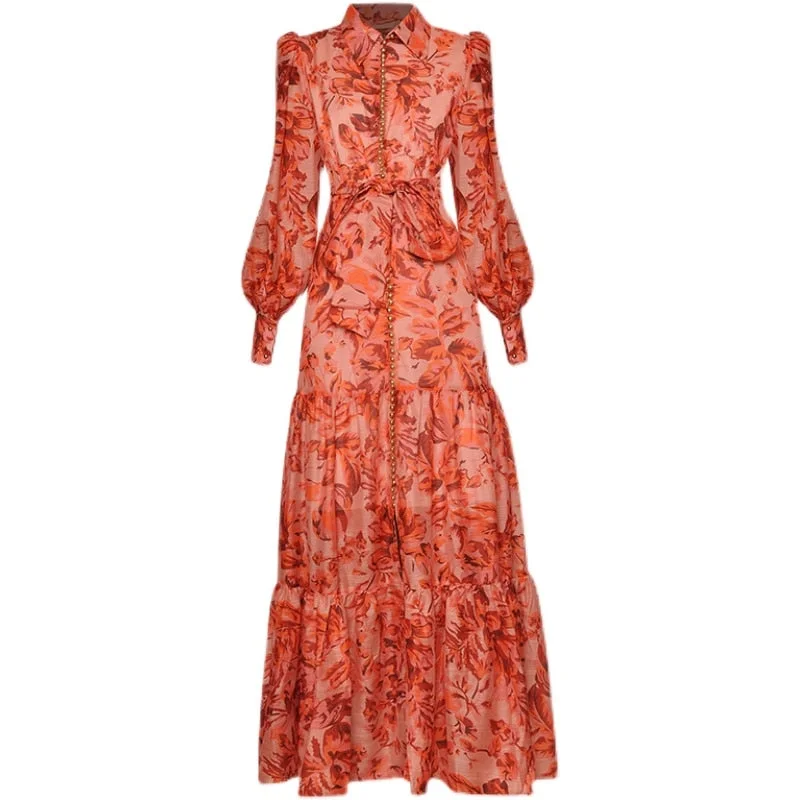 Wjczt High Quality Long Dress Fashion Spring New Women'S Vintage Elegant Lapel Long Sleeve Button Printing Party Dresses Tunics Exclusive limited