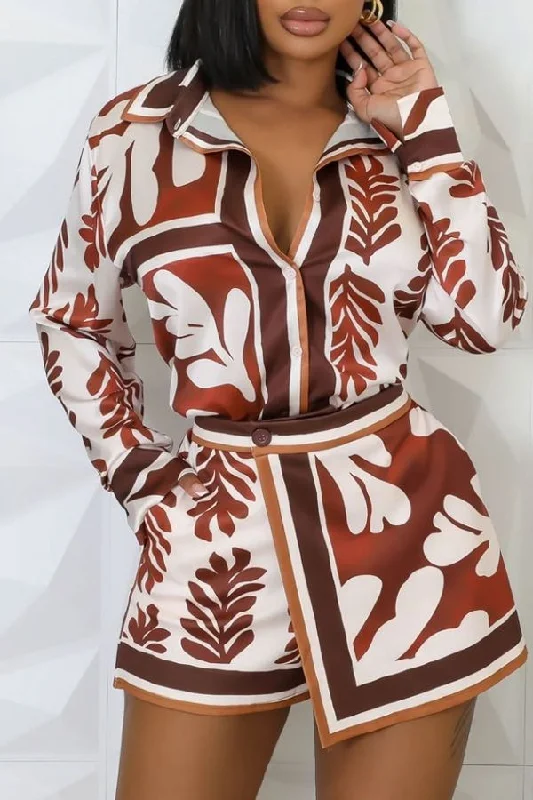 Leaf Print Commuting Irregular Pant Suit Casual Drawstring Pants