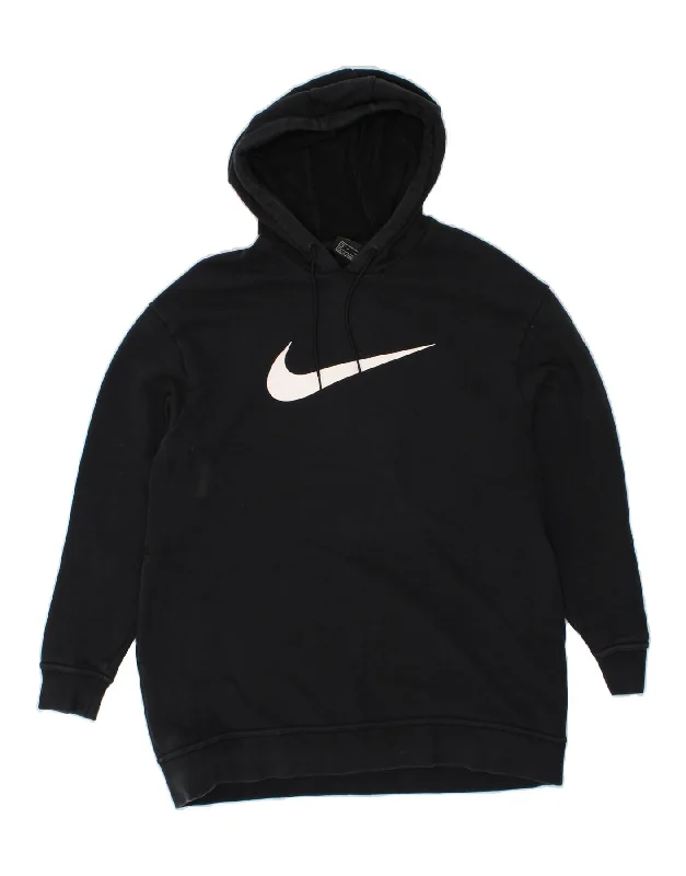 NIKE Womens Longline Graphic Hoodie Jumper UK 10 Small Black Cotton Hoodie with Snap Buttons Easy Quick