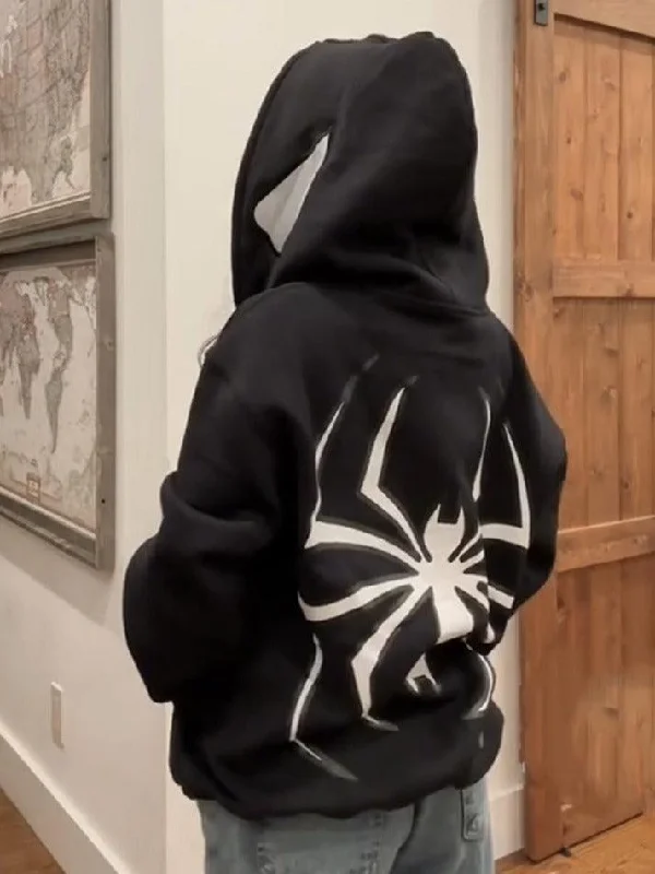 Punk Spider Print Oversized Hoodie Hoodie with Ribbed Neckline Snug Warm