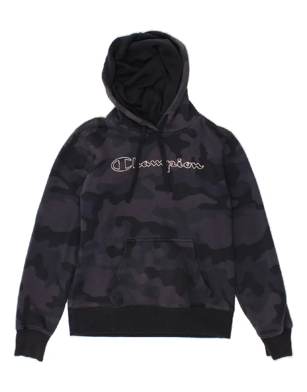 CHAMPION Womens Graphic Hoodie Jumper UK 14 Medium Navy Blue Camouflage Hoodie with Distressed Vintage Worn