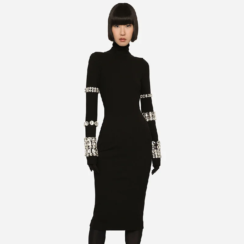 IKEARLAX 2025 black heavy industry diamond-encrusted long-sleeved turtleneck bandage dress high-end sense slim-fitting knitted women's clothing autumn and winter models