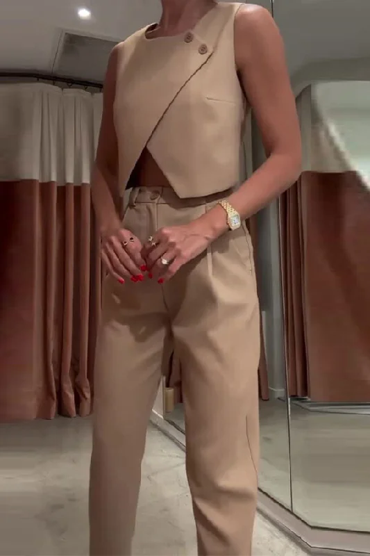 Solid Color Sleeveless Smart Irregular Slit Pant Suit Relaxed Linen Pants