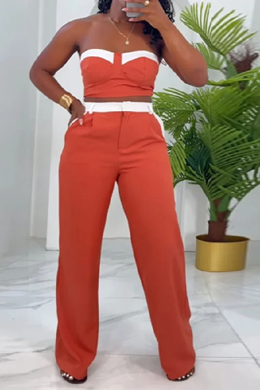 Color Block Patchwork Strapless Commuting Pant Suit Stylish Elastic Waist Pants