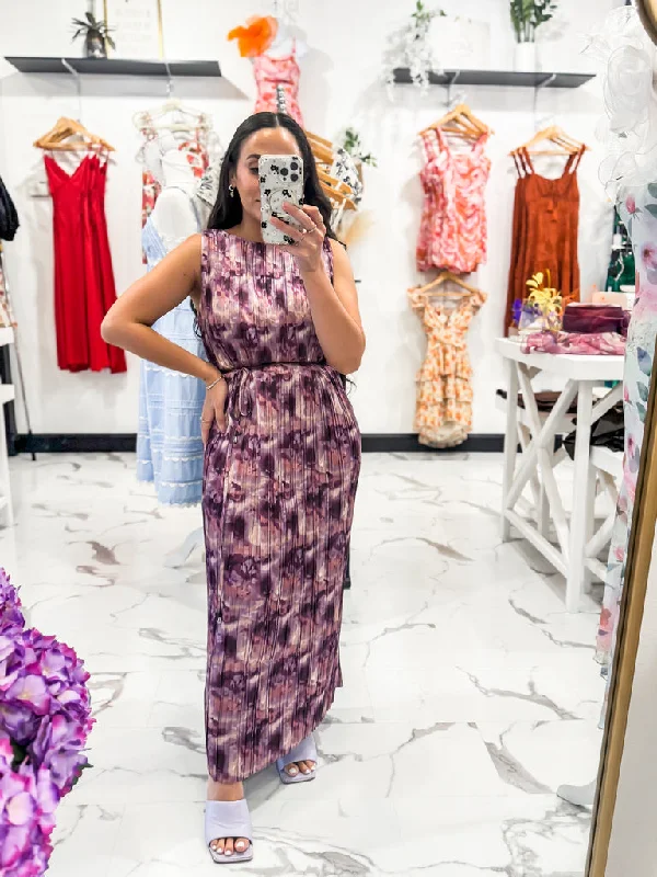 Julien Pleated Floral Dress (Plum)