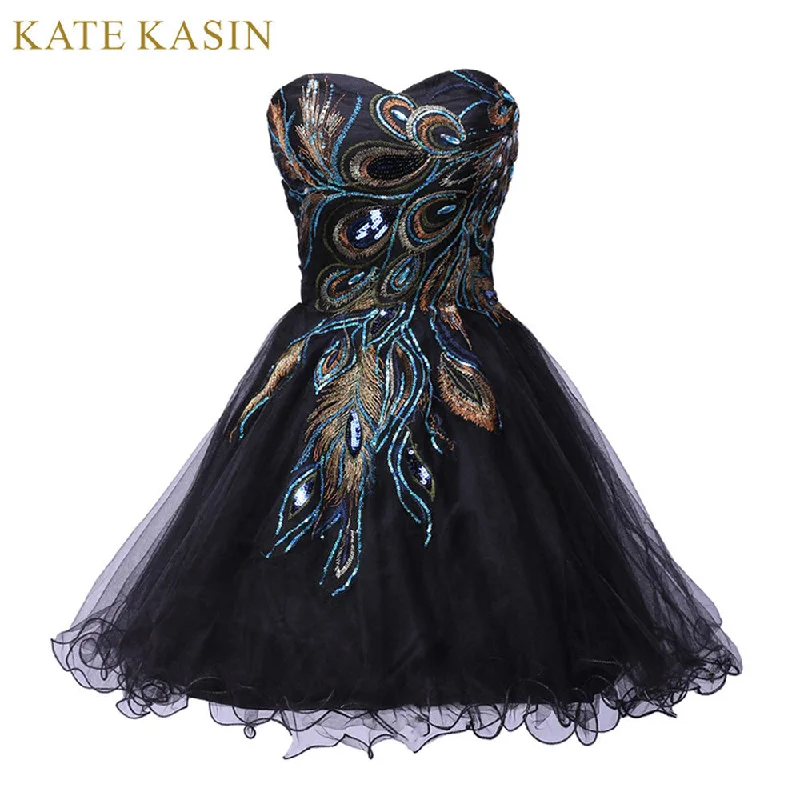 Sexy Tulle Ball Gown Embroidery Peacock Cocktail Dress Black White Party Gown Short Cocktail Dresses Prom Dress 2017 C4975