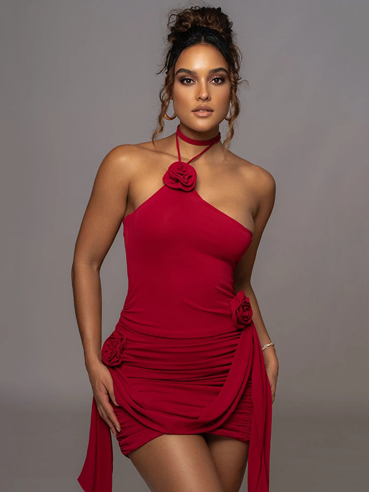 Wjczt Halter Flower Sexy Mini Dress For Women Strapless Backless Irregular Dress Femme Ruched Skinny Club Party Dress Ladies Tunics Bridal satin