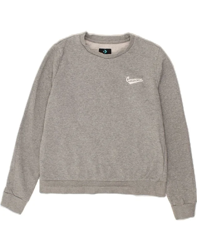 CONVERSE Womens Crop Sweatshirt Jumper UK 16 Large Grey Cotton Hoodie with Print Artistic Unique