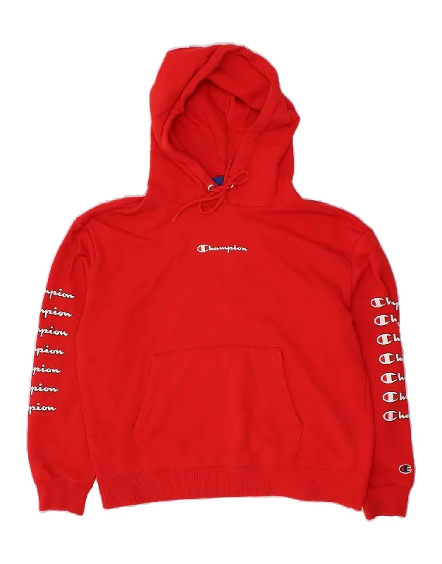 CHAMPION Womens Graphic Hoodie Jumper UK 16 Large Red Hoodie with Hem Frayed Vintage Worn