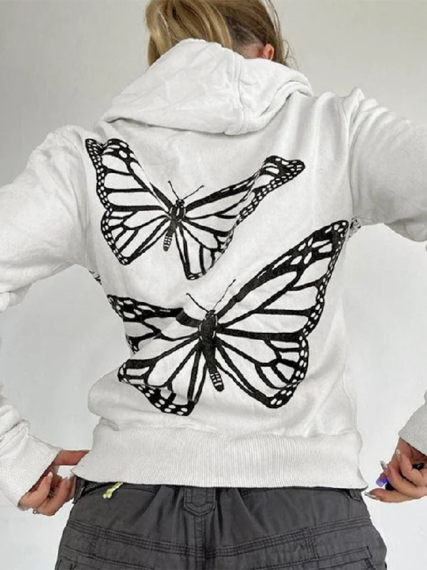 Butterfly Print Zip Up Oversized Hoodie Hoodie with Velcro Closure Adjustable Secure