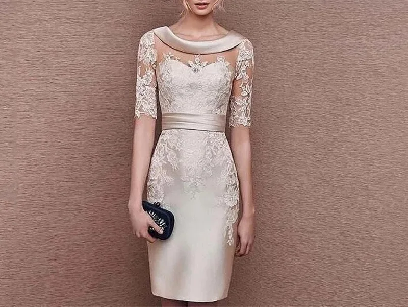 Champagne Sheath Satin Knee Length Mother of the Bride Dresses with Sleeves Tunics Essential wardrobe