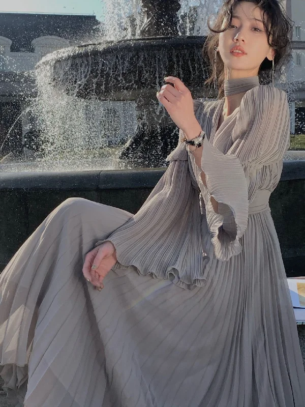 Women's French Elegant Ruffle Irregular Long Dress Korean Fashion Fairy Pleated Party Evening One Piece Dress Spring