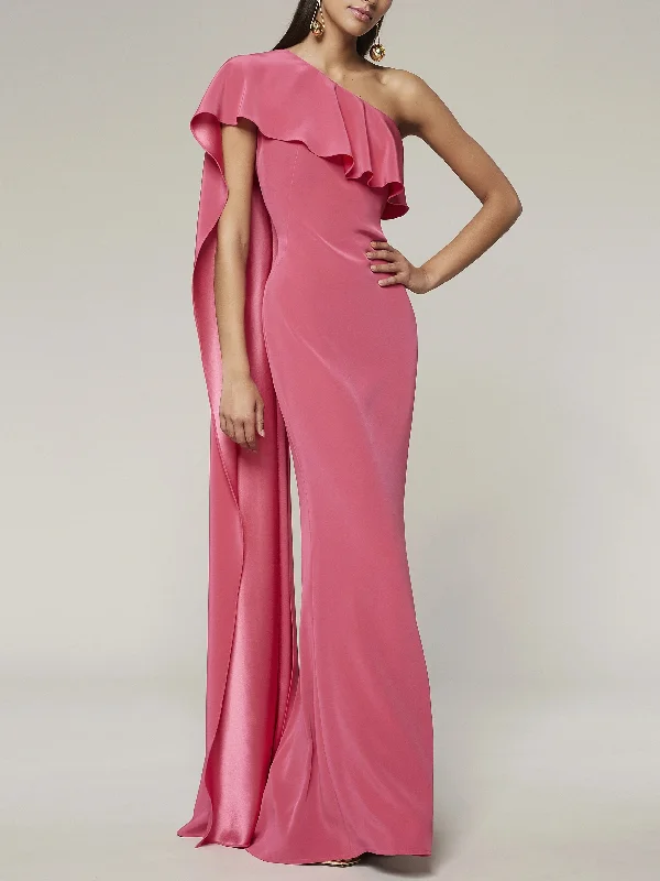 Sheath/Column One-Shoulder Sleeveless Floor-Length Evening Dress with Watteau Train
