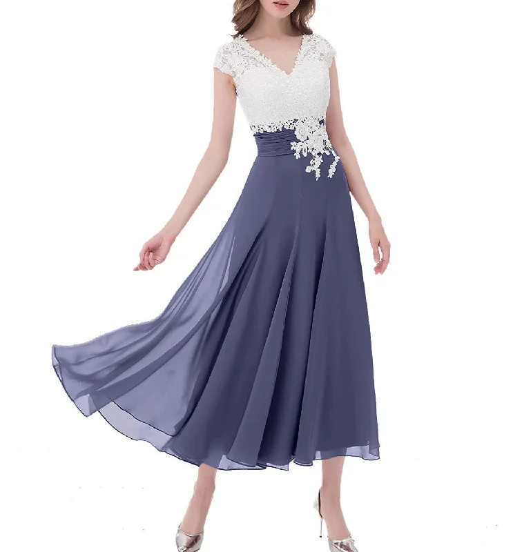 Color Block Lace and Chiffon Appliqued Mother of The Bride Dresses with Cap Sleeves Cowl Neckline Elegant