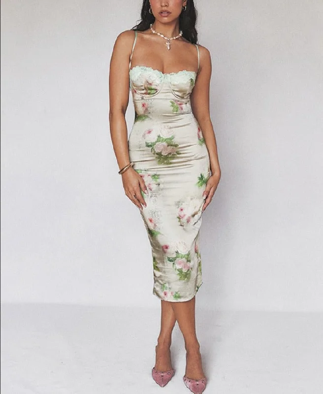 Elegant Flower Printed Maxi Dress Women Lace Stitching Suspender Backless Silk Robe Skinny Retro Party Dresses Vestidos Tunics Bridal satin