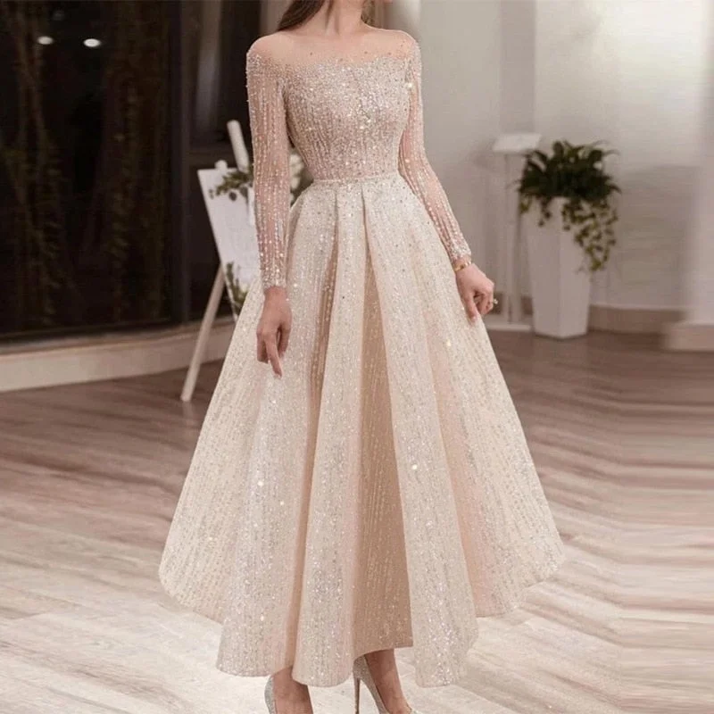 Wjczt Woman Fashion Evening Dress Sexy Slim Fit Long Sleeved Mid Dress Elegant Sequins Solid Color A-Line Party Dresses Tunics Timeless classic