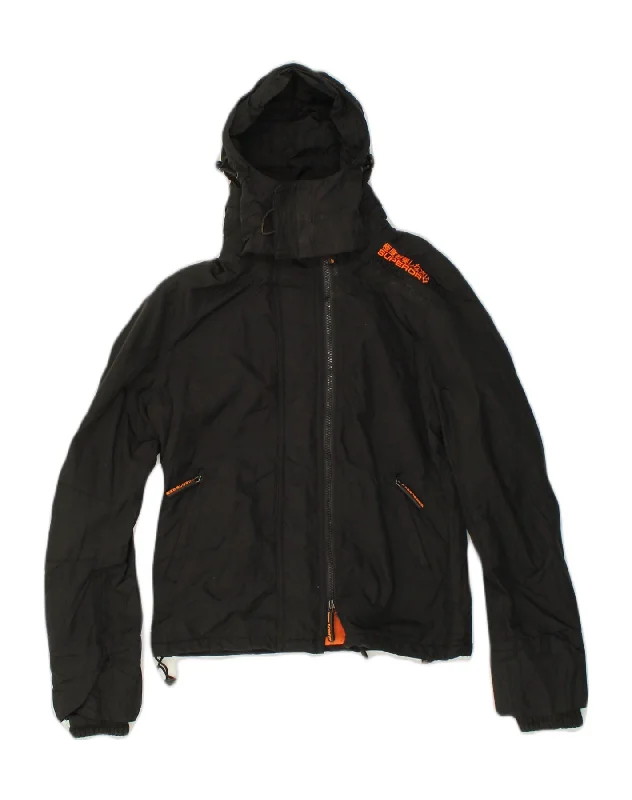SUPERDRY Womens Hooded Windbreaker Jacket UK 10 Small Black Polyester Ribbed Jacket Pleated Jacket Ruffled Jacket