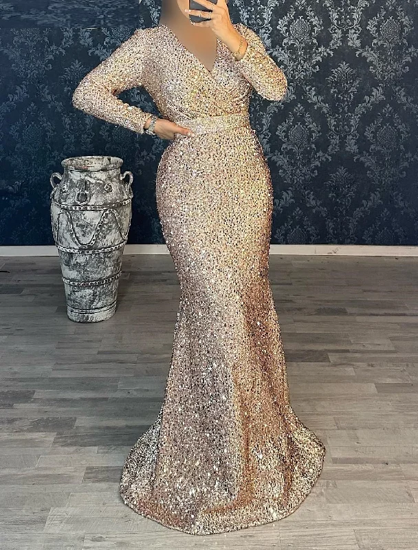 Mermaid / Trumpet Evening Gown Red Green Dress Party Dress Masquerade Black Tie Floor Length Long Sleeve V Neck Belt / Sash Sequined with Ruched Tunics Cozy comfortable
