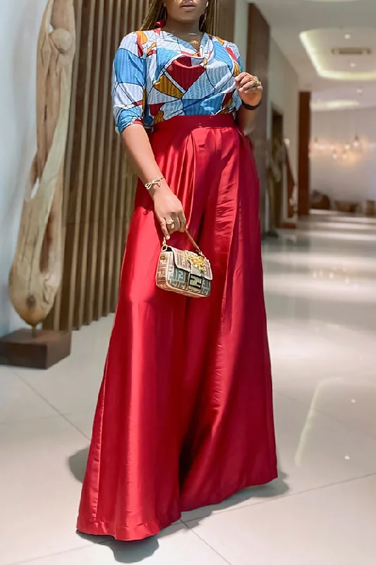 Geometric Print Cowl Neck Stylish Wide Leg Pant Suit Soft Wool Pants