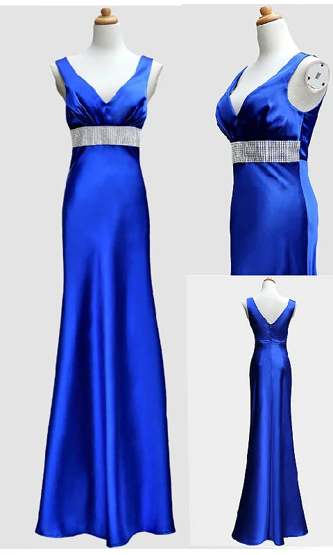 Royal Blue V-neck Satin Fit and Flare Mother of the Bride Dress Crew Neckline Casual
