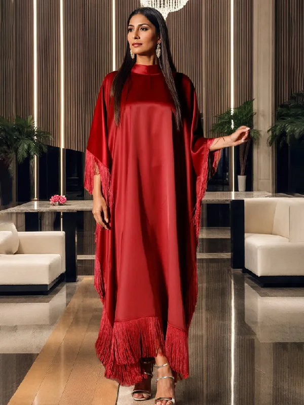 A-Line/Princess High Neck Ankle Length Satin Evening Dresses with Fringe