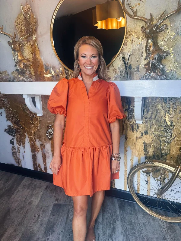 Puff Sleeve V-Neck Dress In Rust