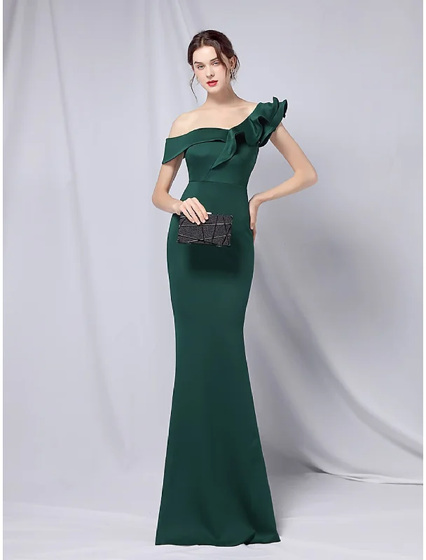 Mermaid Party Dress Evening Gown Empire Dress Wedding Guest Formal Evening Floor Length Short Sleeve One Shoulder Stretch Satin with Ruffles Tunics Custom made