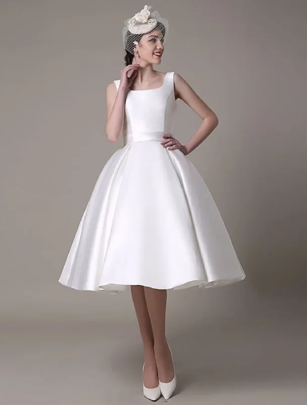 A-Line Cocktail Dresses Party Dress Wedding Guest Knee Length Sleeveless Square Neck Satin with Pleats Tunics Long Elegant