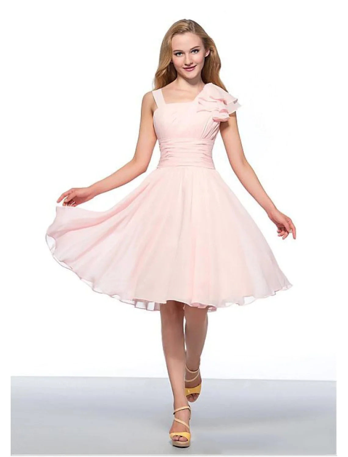A-Line Empire Elegant Engagement Cocktail Party Dress Jewel Neck Sleeveless Knee Length Chiffon with Ruched Tunics Lace romantic