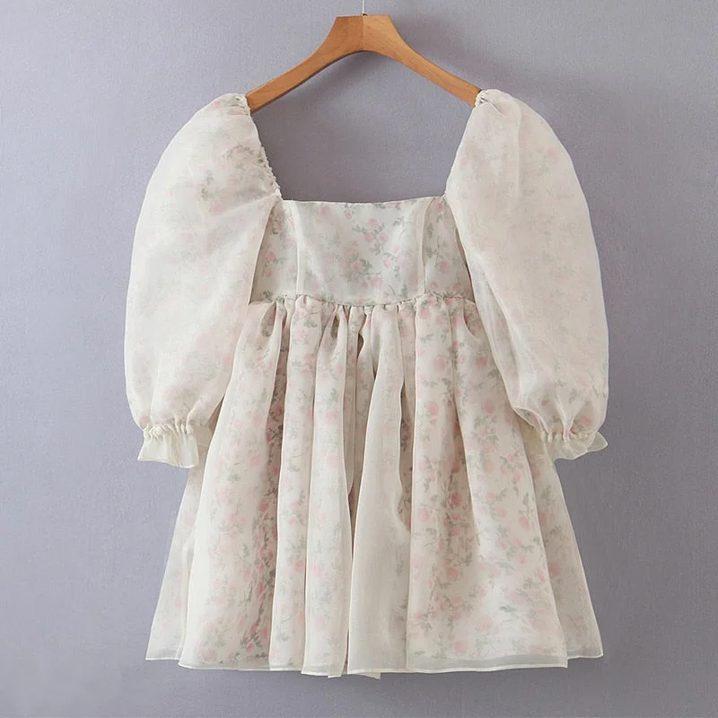 Wjczt Summer Women Both-Sides Wear Floral Print Chiffon Organza Dress Sexy Square Neck Puff Sleeve Holiday Party Dress Short Vestido Glittery Long Formal