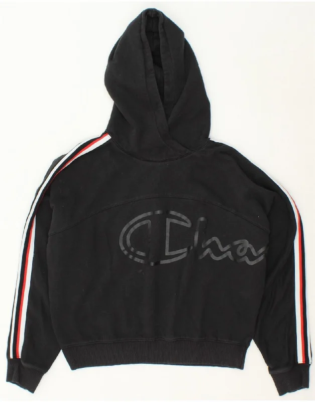 CHAMPION Womens Oversized Graphic Hoodie Jumper UK 16 Large Black Cotton Hoodie with Lace Feminine Delicate