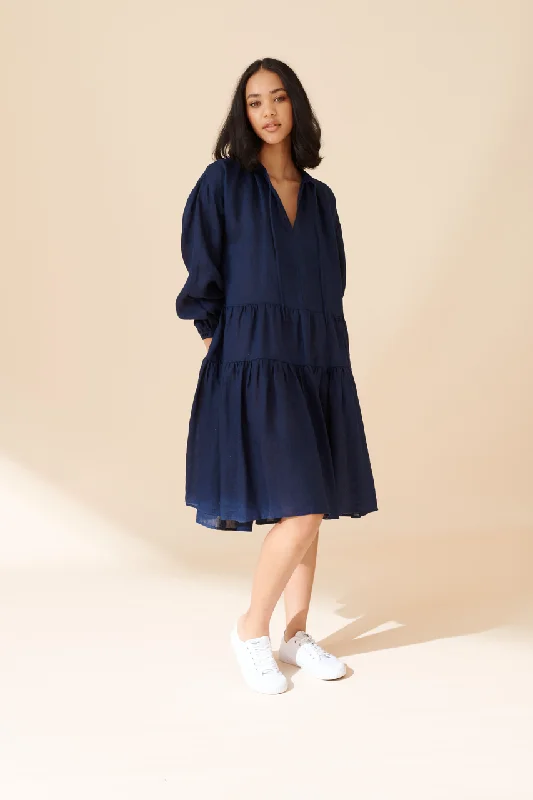 Amelia Linen Dress in Navy