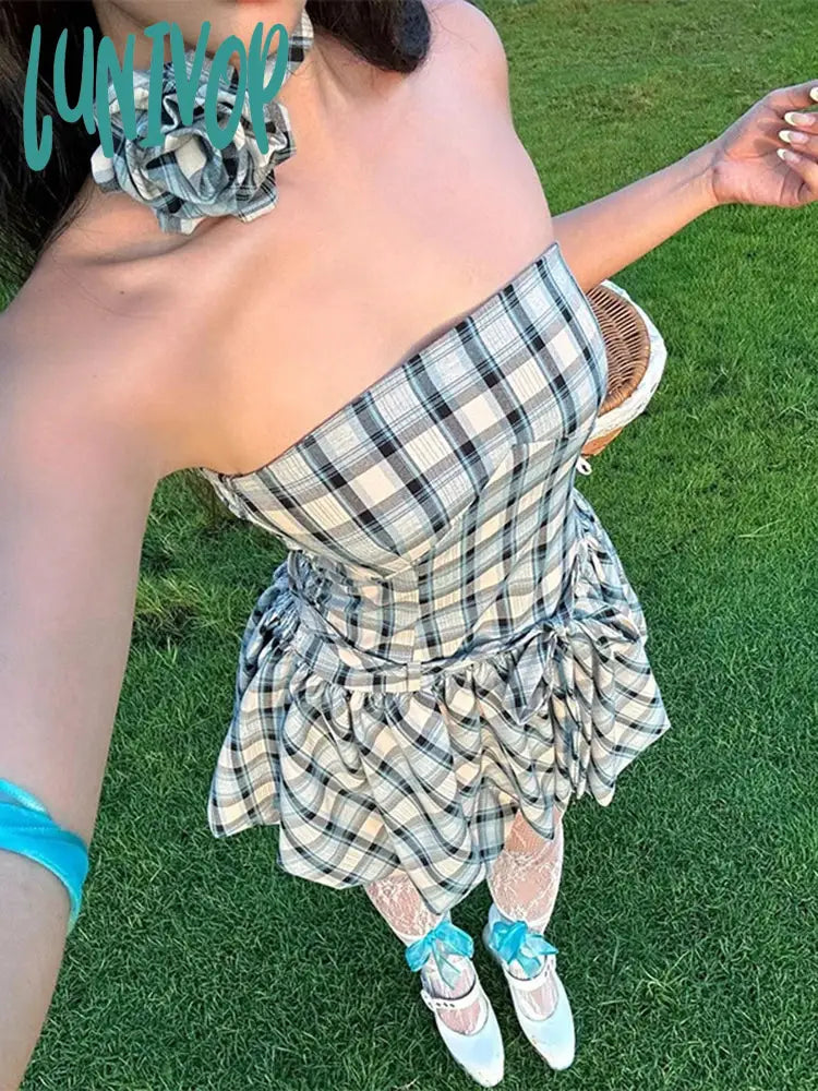Lunivop Fashion Retro Tube Top Floral Plaid Print Strap Bud Dress For Women Folds Hem Splice Mini Dress Sweet Party Dress Female Tunics Luxurious high-end