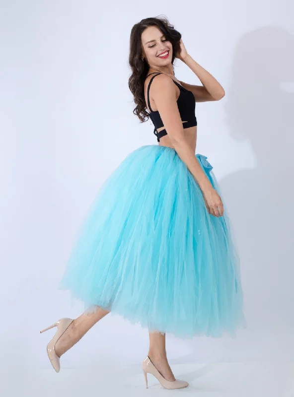 Women Sky Blue Tulle Tutu Middle Skirt chiffon skirt airy