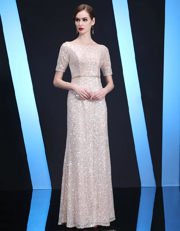 Bateau Neckline Long Fit Sequin Mother of The Bride Dresses Short Sleeves Tunics Trousers formal