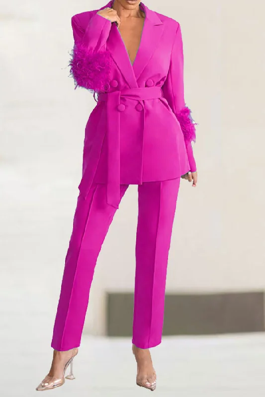Solid Color Feather Trim Elegant Belted Pant Suit Wide-Legged Palazzos