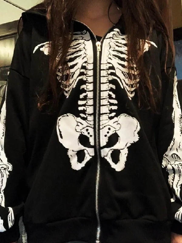 Skeleton Print Baggy Oversized Hoodie Hoodie with Button Placket Classic Preppy