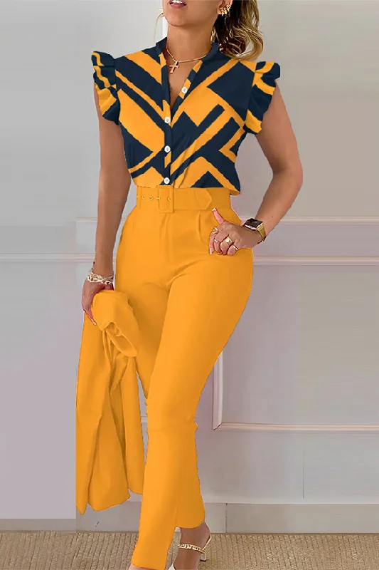 Geometric Print Chic Ruffle Pant Suit Soft Wool Pants