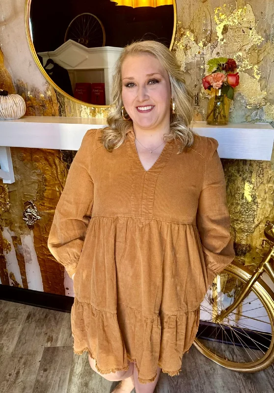 Plus Camel Corduroy Mineral Wash Collared Dress