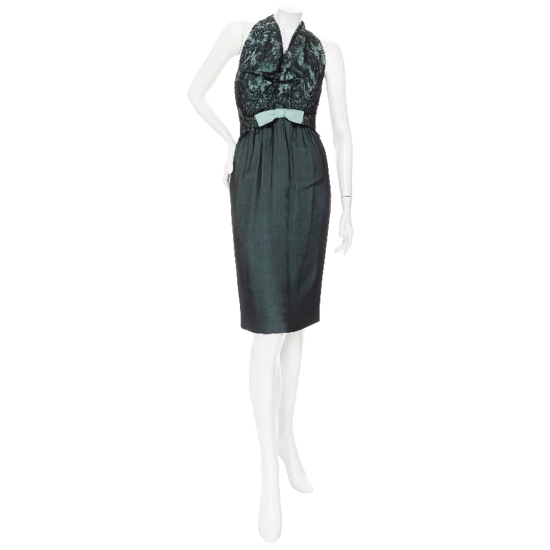 1960s Haute Couture Teal and Black Lace Chiffon Cowl Neck Dress Tunics Trendy modern