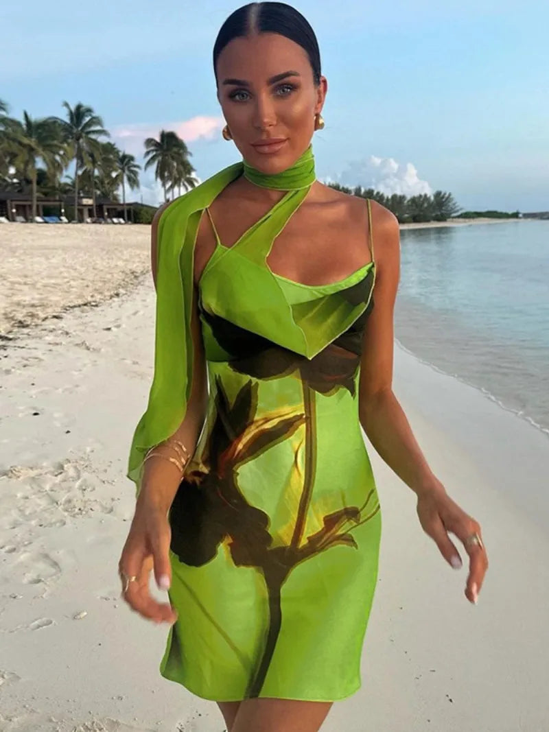 Wjczt Green Print Bandage Mini Slip Dress 2024 Woman Clothing Sleeveless High Waist Bodycon Package Hip Short Holiday Party Dresses Tunics Prom sequined