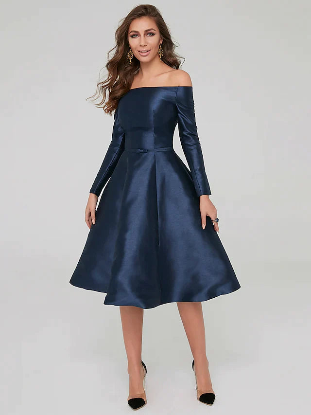 A-Line Dresses Party Dress Wedding Knee Length Long Sleeve Off Shoulder Satin with Pleats Tunics Running lightweight