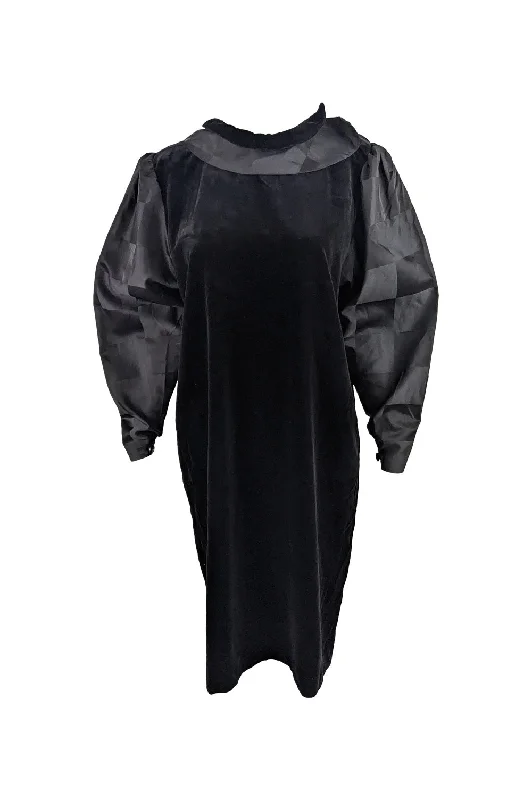 Vintage 1980s Black Velvet & Taffeta Balloon Sleeve Party Dress Satin Halter Glamorous