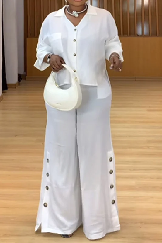 Solid Color Feminine Button Design Wide Leg Pant Suit Soft Sweatpants Style