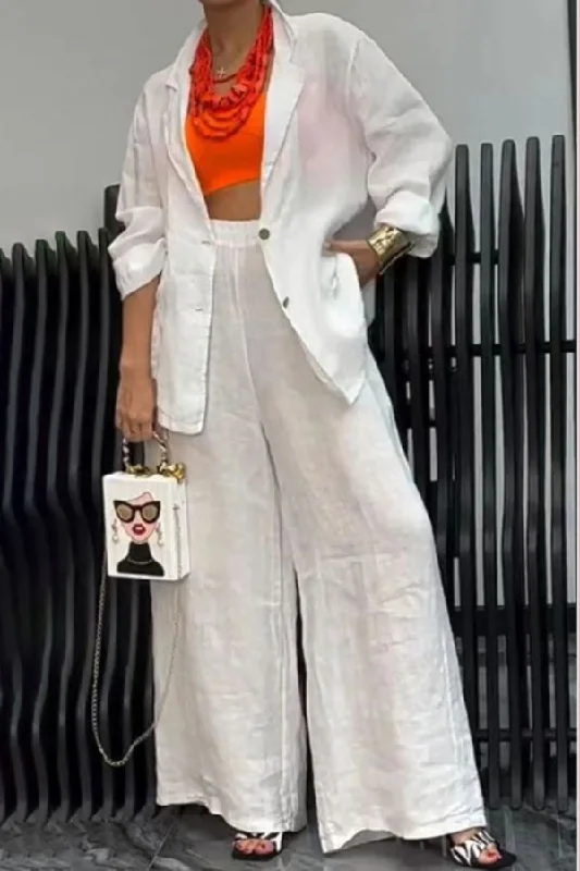 Solid Color Notched Lapel Relaxed Wide Leg Pant Suit Casual Plaid Pants