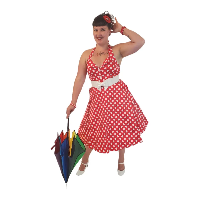 GGR Rockabilly Halter Dress in Red with White Polka Dots Tunics Business professional