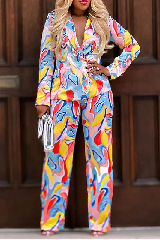 Watercolor Print Girly Notched Lapel Pant Suit Chic Slim Fit Pants