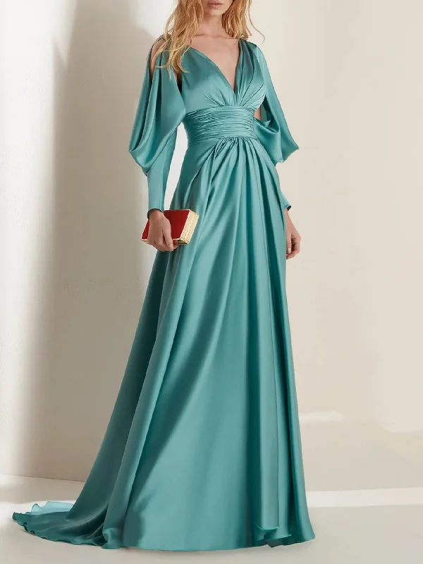 A-Line/Princess V-Neck Long Sleeves Floor-Length Evening Dresses with Pleats