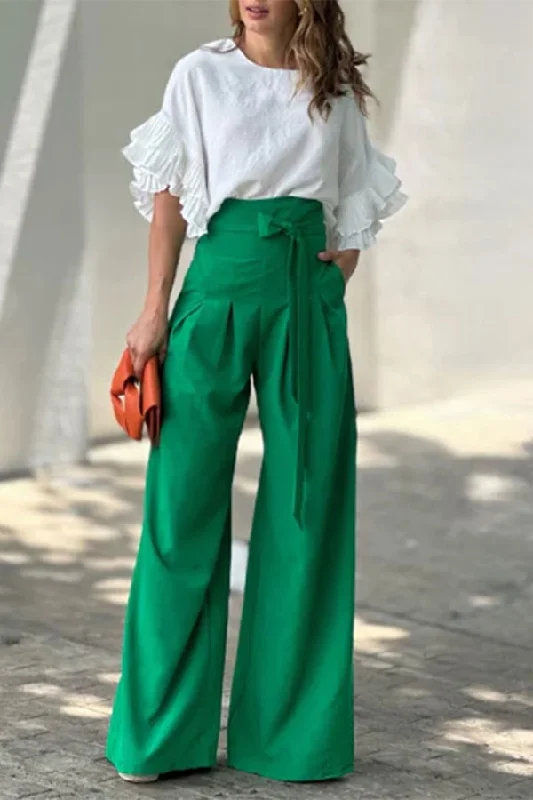 Solid Color Pretty Lace-Up Wide Leg Pants Comfortable Denim Pants